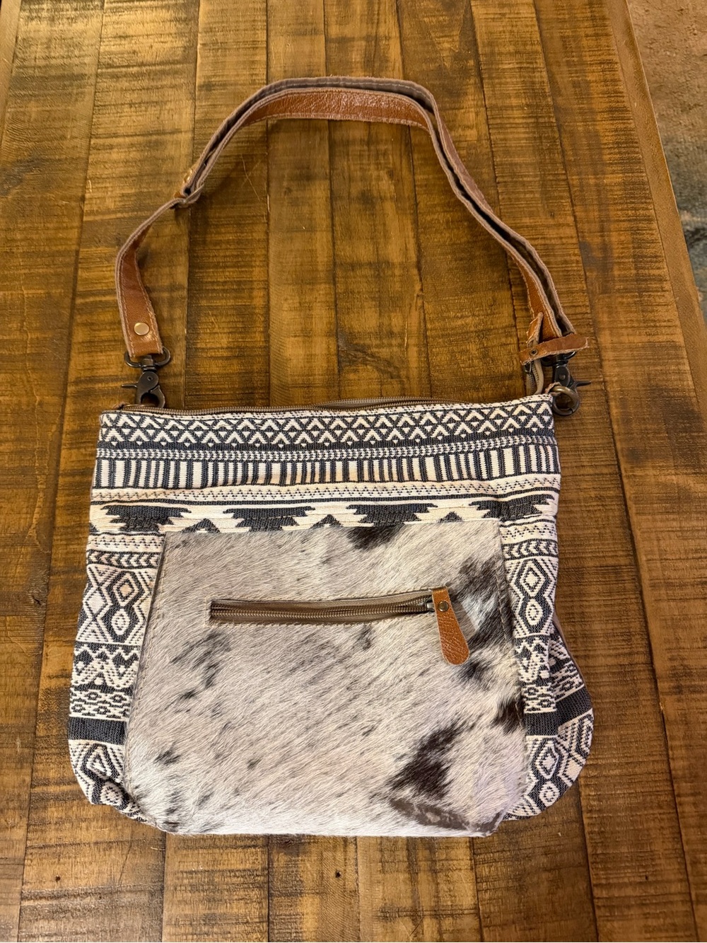 Myra Bag Boho Aztec Shoulder Bag with Cowhide Pocket - Black & White